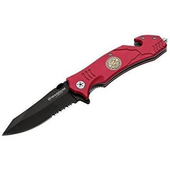 Böker Magnum Fire Fighter Folding Rescue Knife with 3.38in Partially Serrated Blade and Red Aluminum Handle