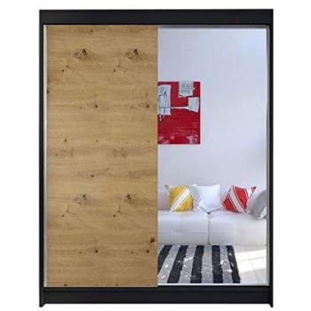 Armario Corredero Atlanta 140, Negro y Roble Artisan, 200x150x58cm, 5 Estantes