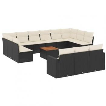 14-Piece Black Poly Rattan Garden Sofa Set with Cushions