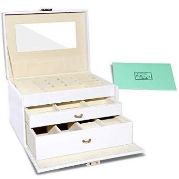 E-MANIS Caja Joyero para Mujer,Alta Capacidad Caja para Joyas con 3 Capas 2 Cajones Organizador Joyero con Cerradura y Espejo para Relojes,Pendientes,Gafas,Pulseras,Anillos,Regalo para Navidad,Bianco