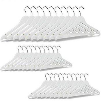 Set de 30 Perchas de Madera para Ropa, Pantalones, Trajes y Camisas, Color Blanco, Ganchos Giratorios 360° - Relaxdays