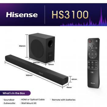 Hisense HS3100 Barra de Sonido 3.1 con Subwoofer Inalámbrico y Tecnología DTS Virtual:X - Potencia de 480W