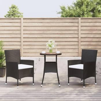 Juego de bistro de jardín de 3 piezas con almohadas de polyrattan negro