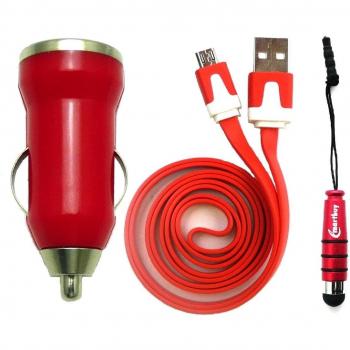 Emartbuy® Trio Paquete para Samsung Galaxy Young 2- Rojo Conector para cargador de coche USB 1 Amp + Rojo Lápiz Óptico Metálico + Rojo Cable Plano Antienredos para Transferencia de Datos y Cargador Micro USB Sync