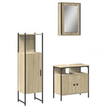 Set de muebles de baño 3 piezas madera contrachapada roble Sonoma con armarios auxiliares de lavabo, espejo de pared y almacenamiento para aseo