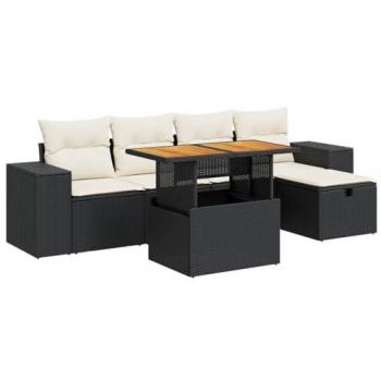 6-Piece Black Poly Rattan Garden Sofa Set with Cushions and Acacia Wood