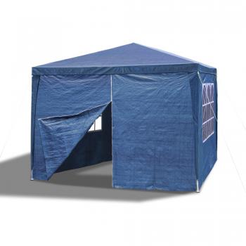 JOM 127135 Carpa de jardín, 3 x 3m, con 4 paredes laterales, 3 ventanas y 1 puerta con cremallera, material PE 110G, varillaje metálico, conectores de plástico, impermeable, con piquetas y cables, azul