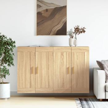 Armarios de pared 2 uds madera de ingeniería roble Sonoma Marrón con manija de puerta en madera, mueble de almacenaje para salón, buffet y armario auxiliar