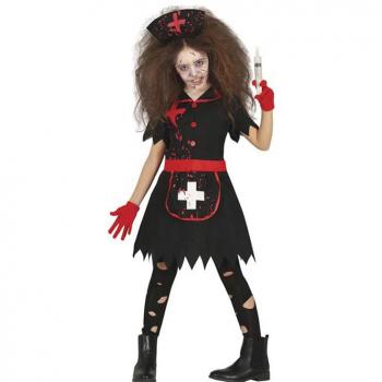 Disfraz de Enfermera Zombie negro para niña - incluye vestido negro con detalles de sangre, cofia a juego, y medias