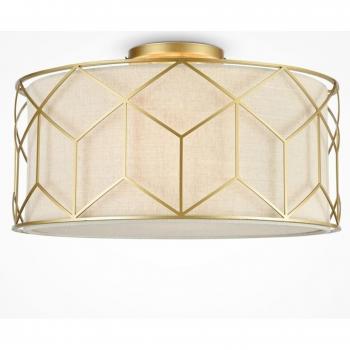 Plafón Maytoni Messina, Ø 43 cm, beige, lino, semi empotrado cilíndrico dorado, 3 luces, E27