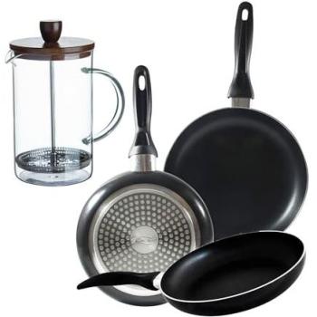 Set 3 Sartenes San Ignacio (16, 20, 24 cm) Aluminio Prensado Apto para Inducción + Delantal de Cocina Gris Oscuro 100% Algodón + Cafetera de Émb