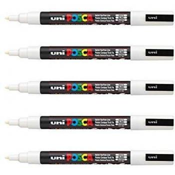 Lote de 5 Marcadores Posca PC-3M Blancos con Punta Fina Cónica - Pintura a Base de Agua para Todo Soporte (Papel, Textil, Vidrio, Madera y Más)
