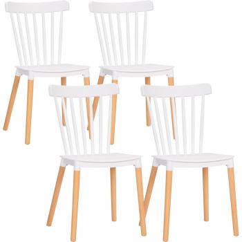 HOMCOM Juego de 4 Sillas de Comedor Estilo Nórdico con Respaldo de Polipropileno y Patas de Madera 43x52,5x83 cm Blanco
