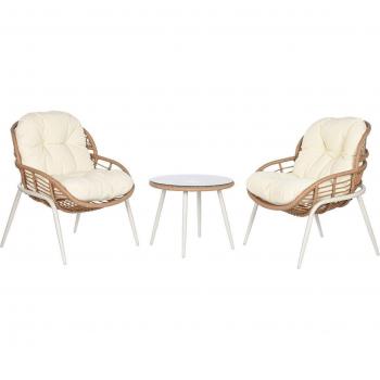 Conjunto de Mesa con 2 Sillones Home ESPRIT Blanco Beige Gris Metal Cristal Ratán Sintético 55 x 55 x 47 cm