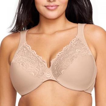 Glamorise Low Cut Wonderwire Back Close Lace Bra - Tan Women's Underwire Bra 44-B