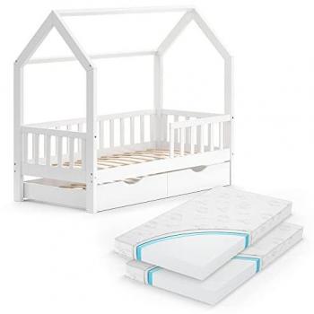 Cama en Forma de Casa Wiki, Blanco, 80x160 cm con Cama de Invitados y 2 Colchones Vitalispa