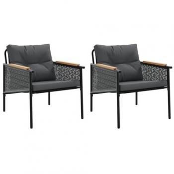 Black Steel Garden Chairs with Cushions - Set of 2