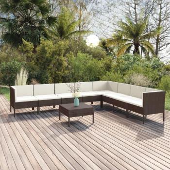 9-Piece Brown Poly Rattan Garden Lounge Set with Cushions