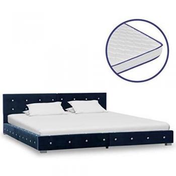 vidaXL Cama Matrimonio Estructura + Colchón Viscoelástico + Somier Láminas Cabecero Tapizada Terciopelo 180x200 cm Contrachapado MDF Patas Acero Azul