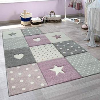 Alfombra Infantil Cuadros Corazones y Estrellas 160x230 cm Púrpura - Paco Home
