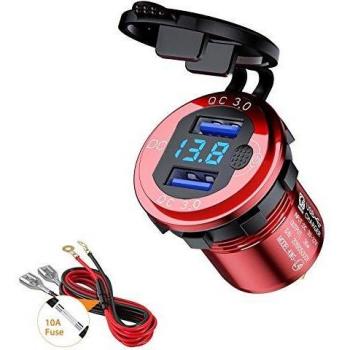 Thlevel QC3.0 Toma USB Coche de Aluminio 12V / 24V Cargador Rápido de Coche Dual USB Impermeable con Interruptor y Voltímetro LED Indicador para Coches, Motos, RV, Camiones, Barcos