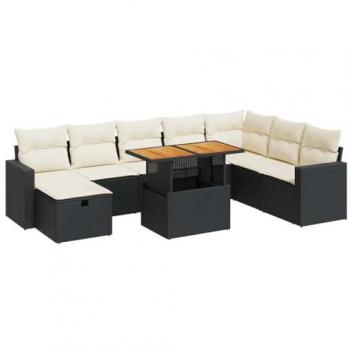 9-Piece Black Poly Rattan Garden Sofa Set with Cushions and Acacia Wood