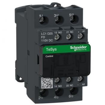 Contactor TeSys D Schneider Electric LC1D25FD, 3 polos, 3 contactos normalmente abiertos (NA), corriente nominal de 25 A, bobina de 110 V CC, capacidad de conmutación hasta 11 kW