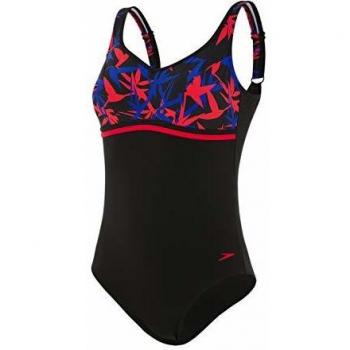 Speedo Contourluxe Printed Traje de Baño, Adult Female, Negra/Morada/Rojo, 32