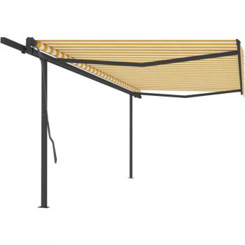 Toldo manual retráctil con postes amarillo y blanco 5x3 m