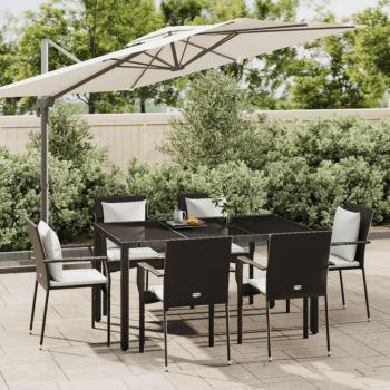 7-Piece Black Poly Rattan Garden Dining Set with Cushions