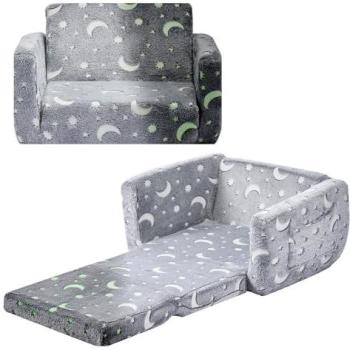 VEVOR 2-in-1 Glow in the Dark Kids Sofa, Foldable Toddler Couch with Armrests, Soft Flannel & 28D Sponge Convertible Chair for Reading and Gaming, Gray