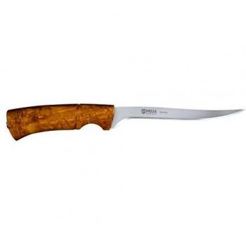 Cuchillo de Pesca Helle Steinbit 15.3cm, con mango de madera de abedul y funda de cuero marrón
