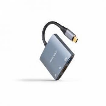 Nanocable Conversor USB-C a HDMI/USB 3.0/USB-C PD, 15 cm, Gris