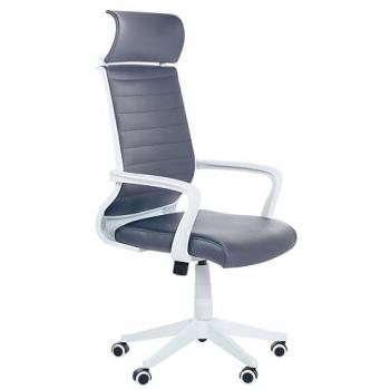 Silla de oficina reclinable giratoria ajustable en altura de piel sintética gris y blanco modelo Leader