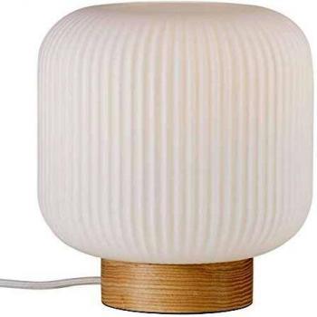 Lámpara de mesa Milford, pantalla de vidrio y base de madera, E27, 20 cm diámetro
