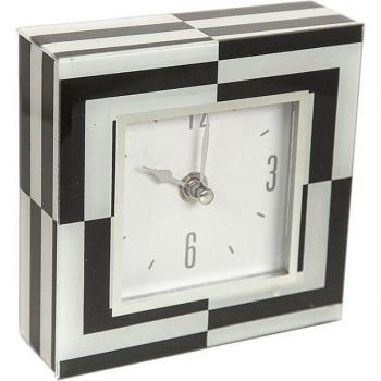 Reloj de Mesa Romimex Blanco y Negro con Vidrio Decorado, Dimensiones 14 x 14 x 4 cm