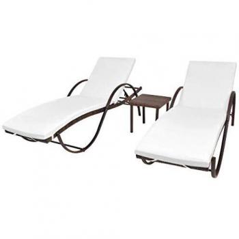 Brown Poly Rattan Sun Loungers with Side Table - Set of 2