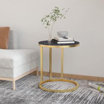 Mesa auxiliar de vidrio templado y mármol negro con acabado dorado, 45 cm, diseño elegante para salón, consola de entrada o recibidor