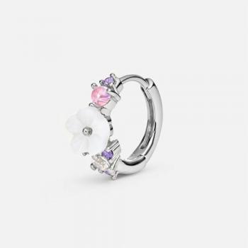 Pendiente Piercing Aro Azalée de Plata de Ley 925 Bañado en Rodio con Flor de Nácar y Circonitas - Cierre Clic para Mujer