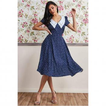 Goddiva Printed Tea Dress With Collar - Navy, Size 8 UK
