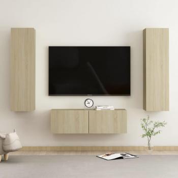 Set de muebles de TV 3 piezas madera contrachapada 100 x 30 x 30 cm, Mueble de salón, Mueble TV, Mueble televisor, Mesa de TV en color carvalho Sonoma