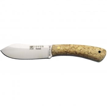 Cuchillo de Caza Joker Nessmuk CL136 - Mango de Abedul, Hoja Sandvik 14C28N de 11 cm, Amolado Plano, Funda de Cuero Marrón, Ideal