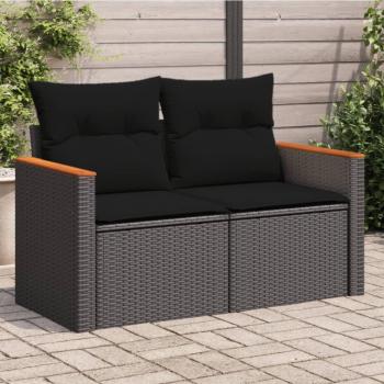 Sofá de jardín de 2 plazas en Polyrattan negro con almohadas y cojines