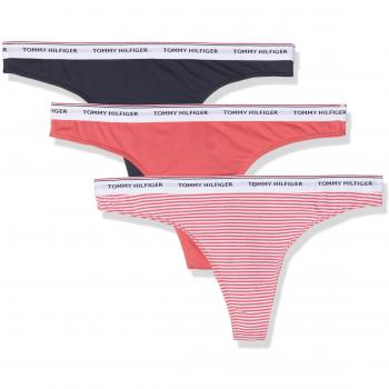 Tommy Hilfiger 3p Thong Print, Tanga para Mujer, Rosa Stripe/Claret Red/Navy 637, 36