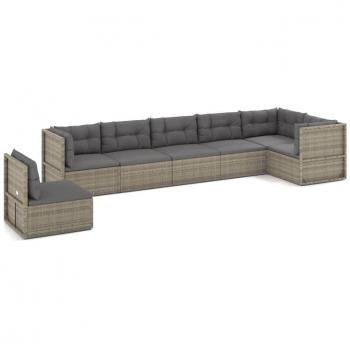 7 Piece Gray Poly Rattan Garden Lounge Set with Cushions