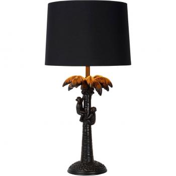 Lámpara de mesa Lucide Extravaganza Coconut, negra, con diseño de palmera y monos de resina, pantalla de lino
