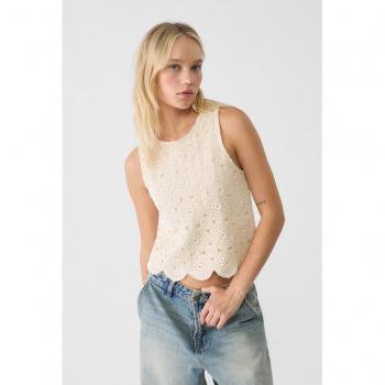 Stradivarius Sleeveless Crochet Top in Stone XS