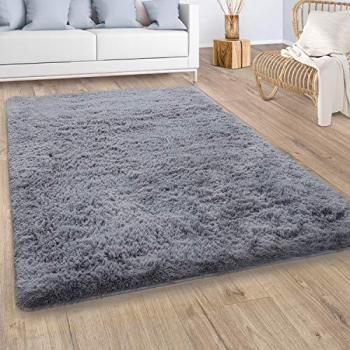 Alfombra Redonda Shaggy de Pelo Largo, Piel Sintética, Suave y Mullida, Color Gris Ø 80 cm