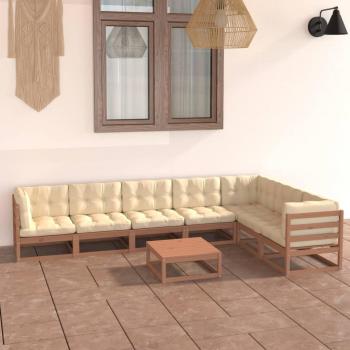 Conjunto de muebles de jardín 8 piezas con cojines en marrón miel y madera de pino