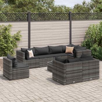 9-Piece Gray Poly Rattan Garden Lounge Set with Cushions